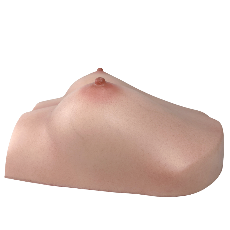 Realistic flesh-toned male masturbator with detailed labia and clitoral mound, soft silicone texture