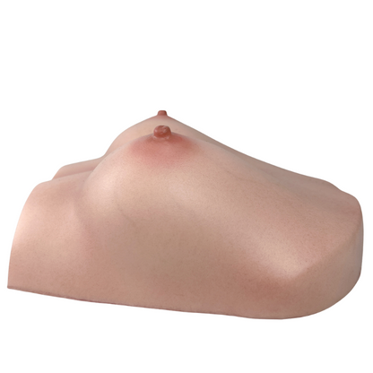 Realistic flesh-toned male masturbator with detailed labia and clitoral mound, soft silicone texture