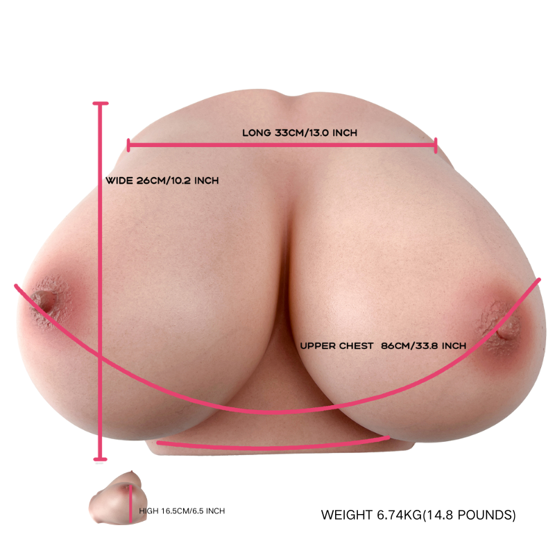 Realistic female torso with detailed skin texture, natural curves, and precise measurements shown for fit and size reference.