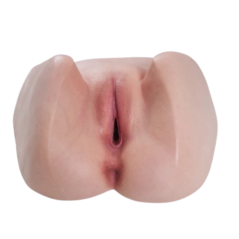 Realistic flesh-toned male masturbator with detailed labia and vaginal opening, soft silicone texture