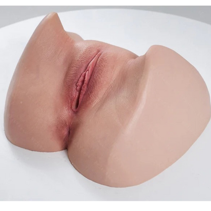 Realistic flesh-toned male masturbator with detailed labia and natural skin texture