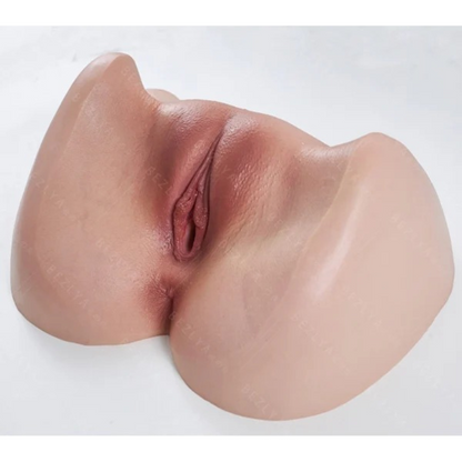 Realistic silicone male masturbator with detailed labia and natural skin texture, designed for lifelike sensation.