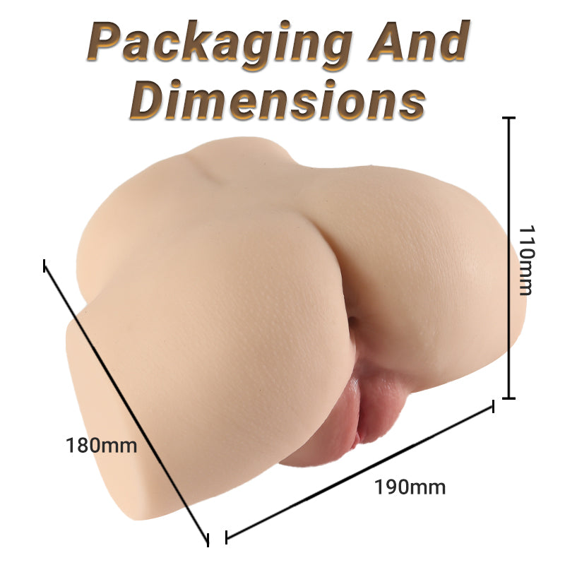 Realistic female anatomy replica with detailed texture, 180mm x 190mm x 110mm dimensions shown