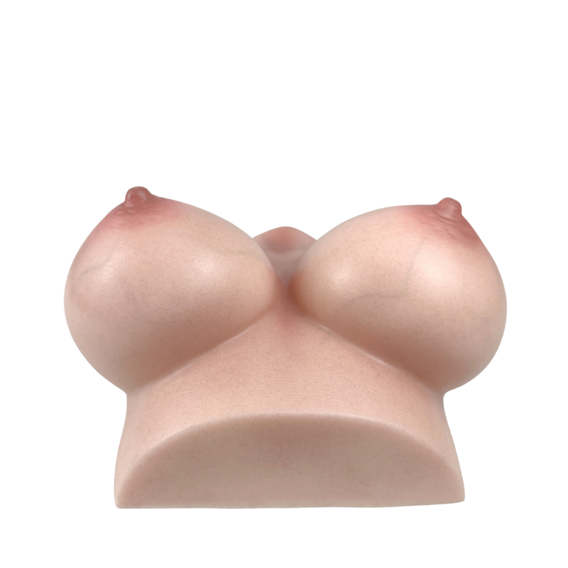 Realistic silicone breast-shaped male masturbator with natural skin texture and pink nipples
