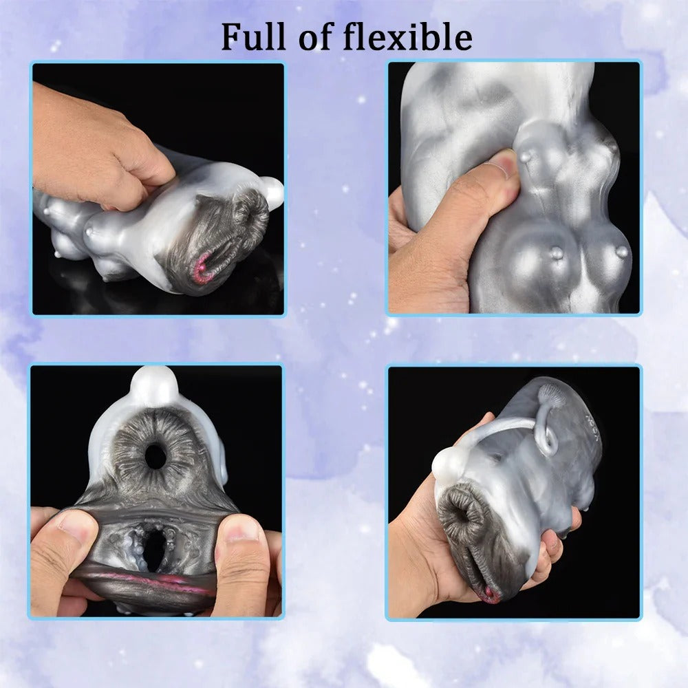 Flexible realistic male masturbator with detailed anatomy, soft silicone texture, and lifelike vaginal opening