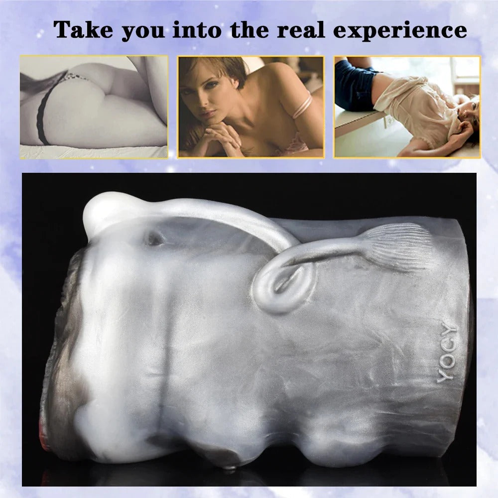 Realistic male masturbator with detailed vaginal texture and YOGY branding, designed for lifelike sensation