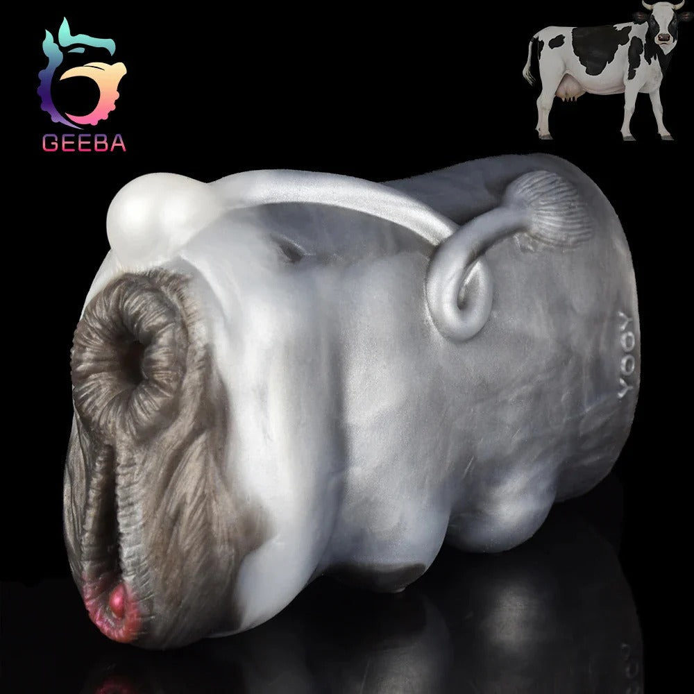 Realistic cow-themed male masturbator with textured vaginal canal, lifelike udder details, and soft silicone material