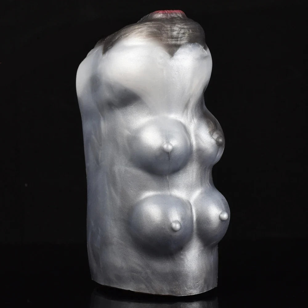 Realistic female torso masturbator with detailed breasts, smooth silver-gray skin, and natural curves for intimate pleasure.