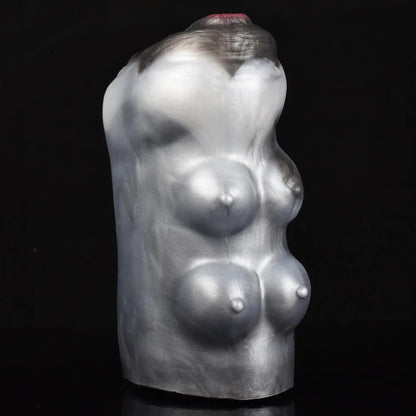 Realistic female torso masturbator with detailed breasts, smooth silver-gray skin, and natural curves for intimate pleasure.