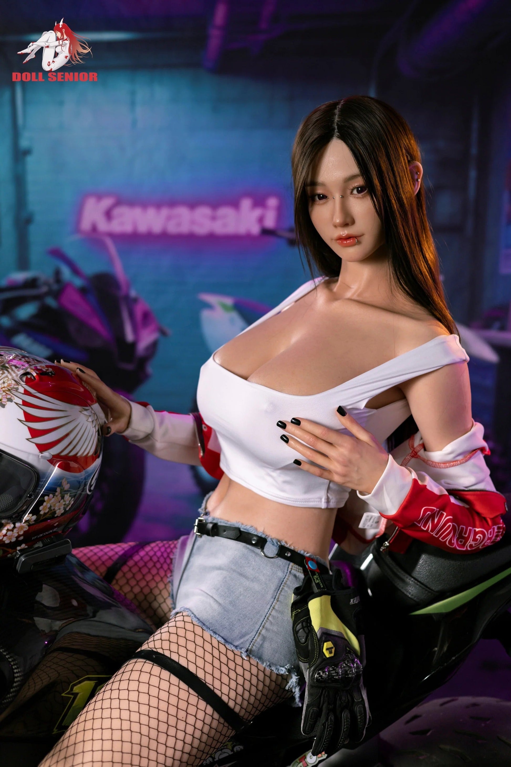 Realistic female doll with long brown hair, wearing white crop top, denim shorts, and fishnet stockings, holding a motorcycle helmet.