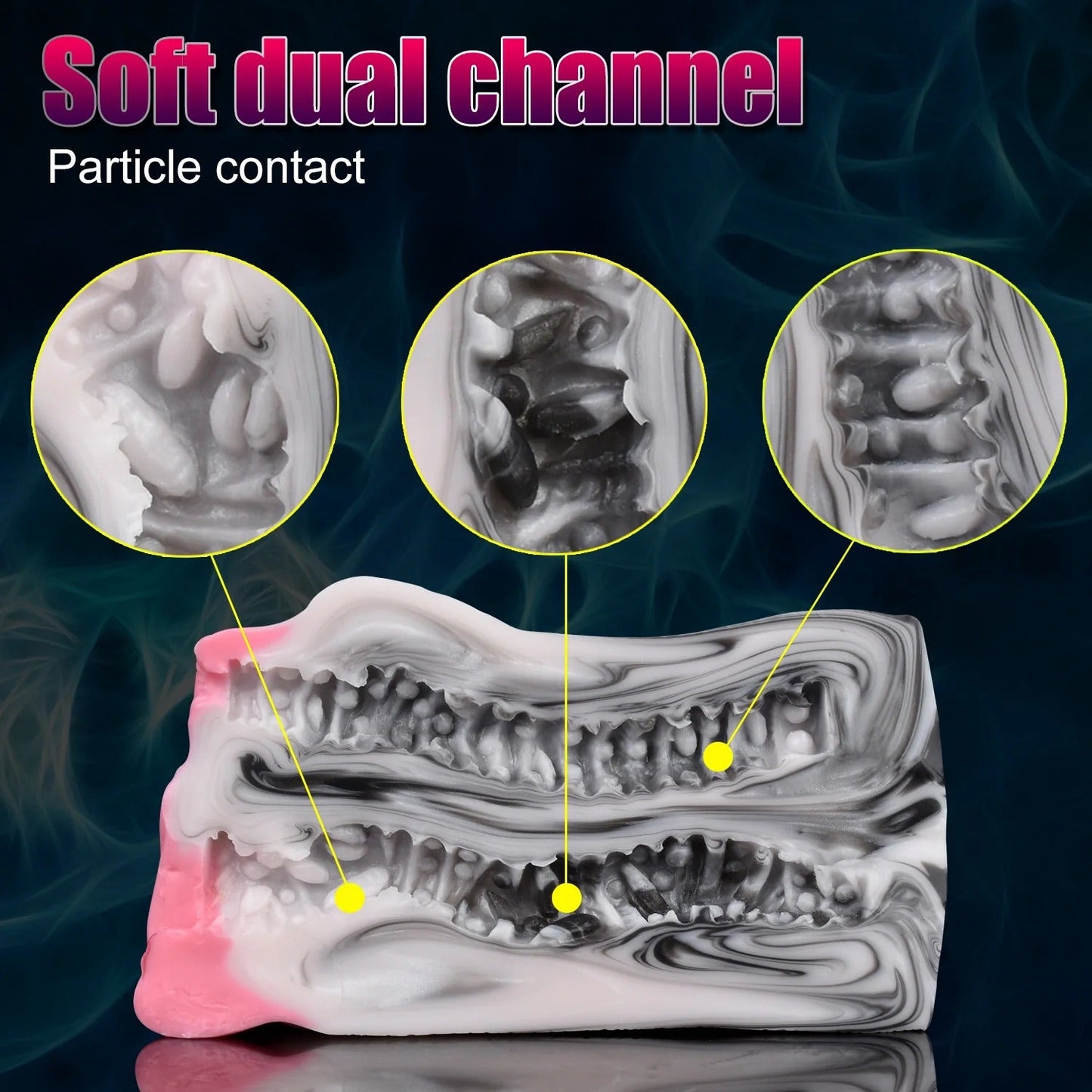 Soft dual-channel male masturbator with textured interior and marbled pink-white design for enhanced stimulation