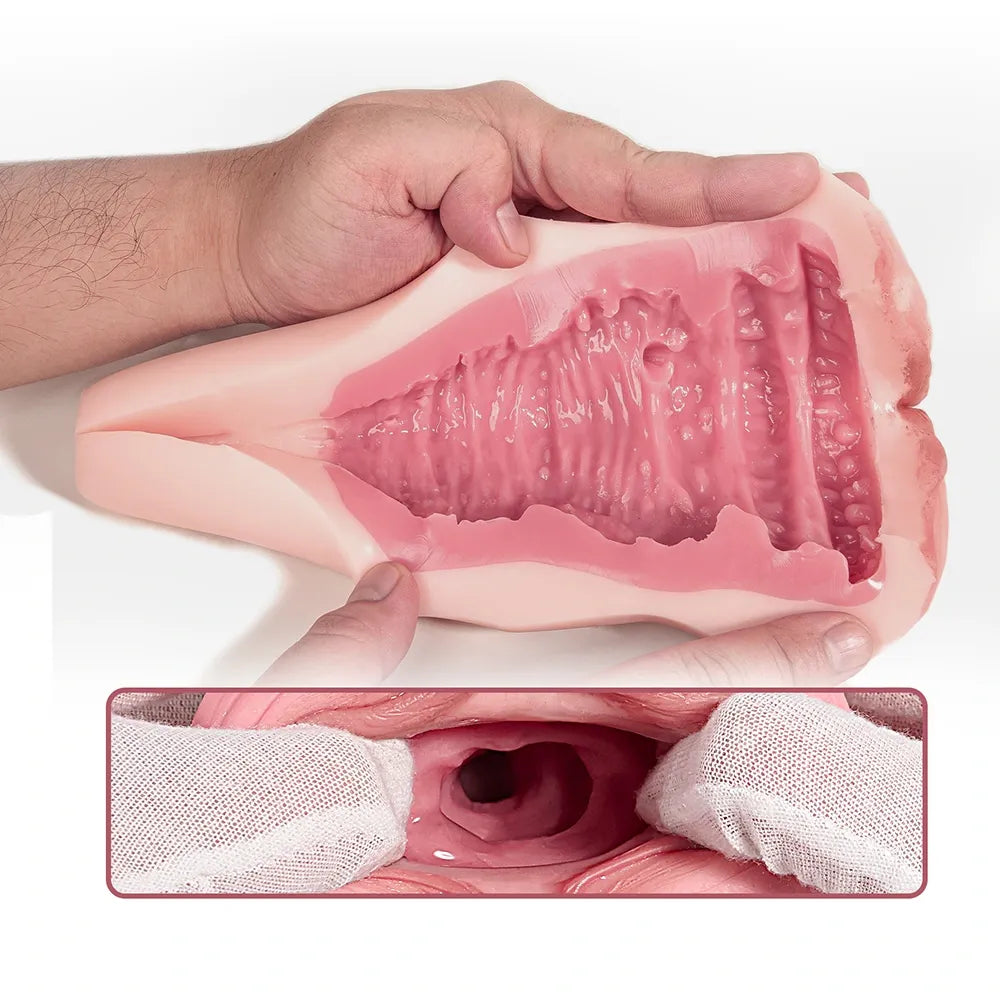 Realistic pink silicone male masturbator with textured interior and soft exterior grip