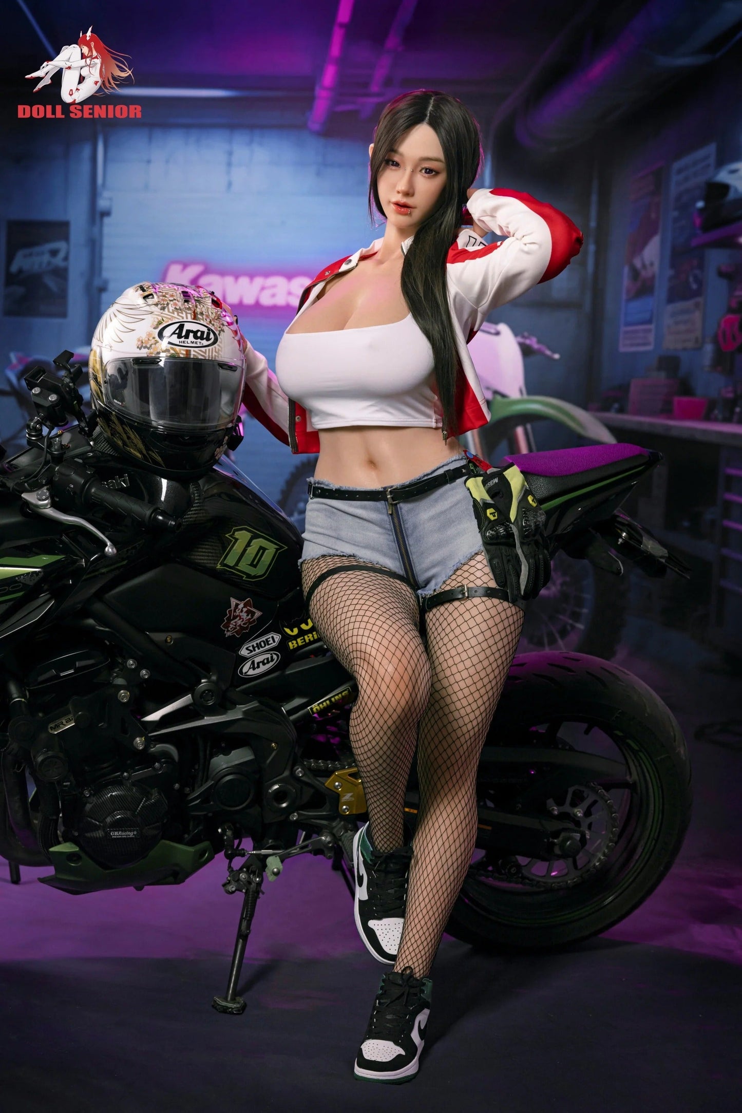 Realistic female figure in racer outfit posing beside motorcycle, wearing fishnet stockings and denim shorts