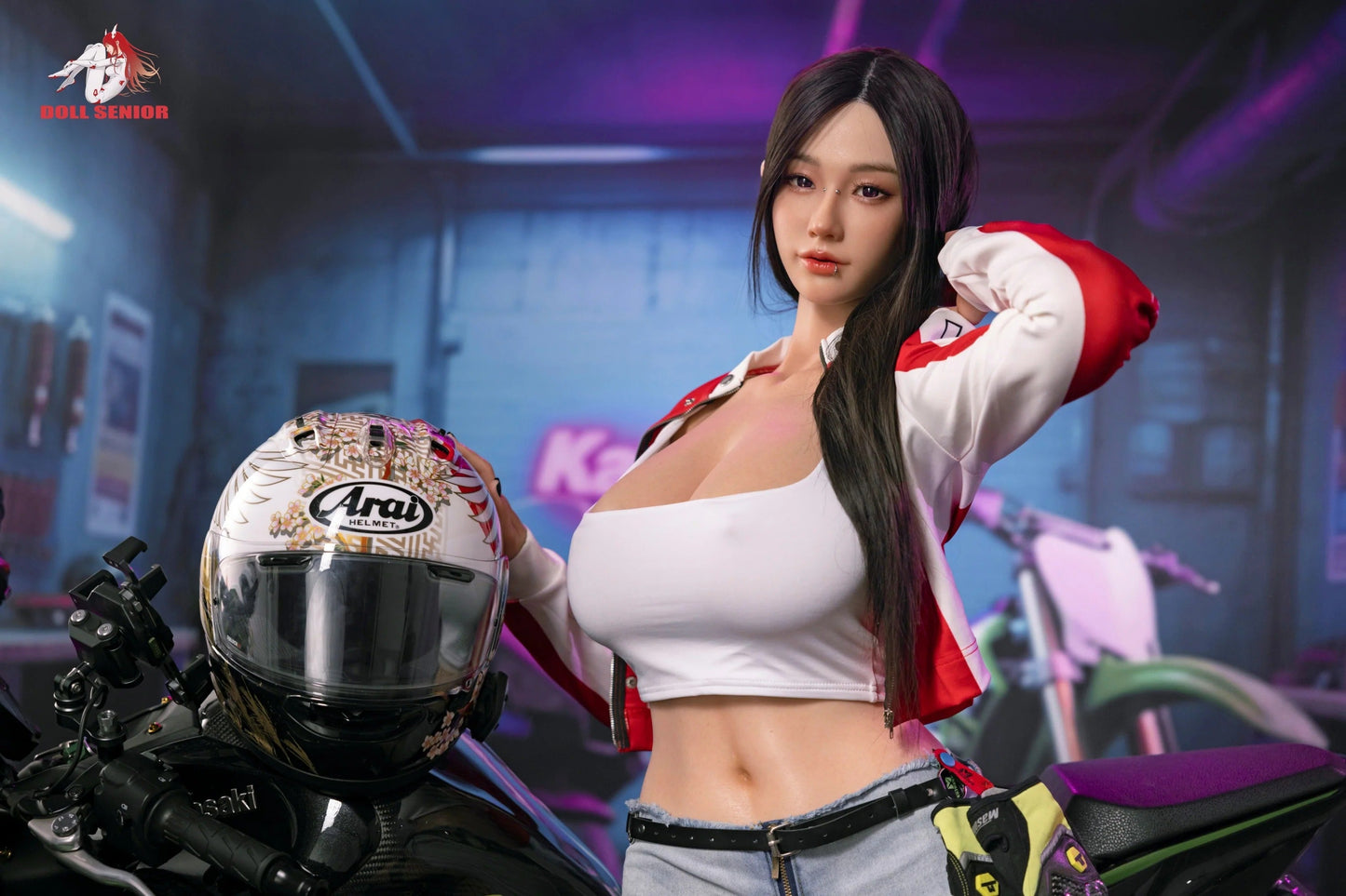 Realistic female doll with long dark hair, wearing white crop top and red jacket, posing beside motorcycle with Arai helmet