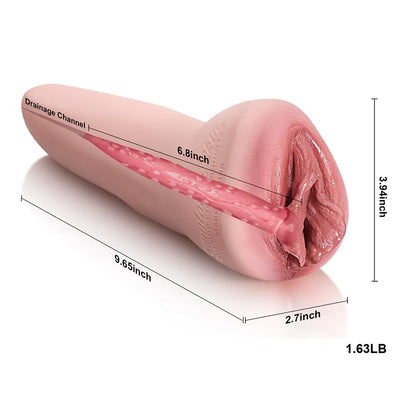 Realistic pink male masturbator with textured interior, 9.65-inch length, 3.94-inch width, and drainage channel