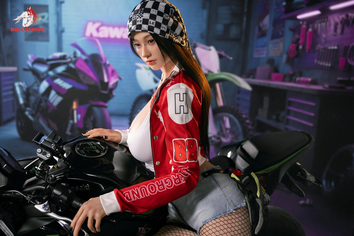 Realistic female doll in red racing jacket and checkered bandana, seated on a motorcycle in a garage setting.