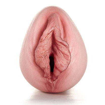 Realistic pink silicone male masturbator with detailed labia and textured vaginal opening