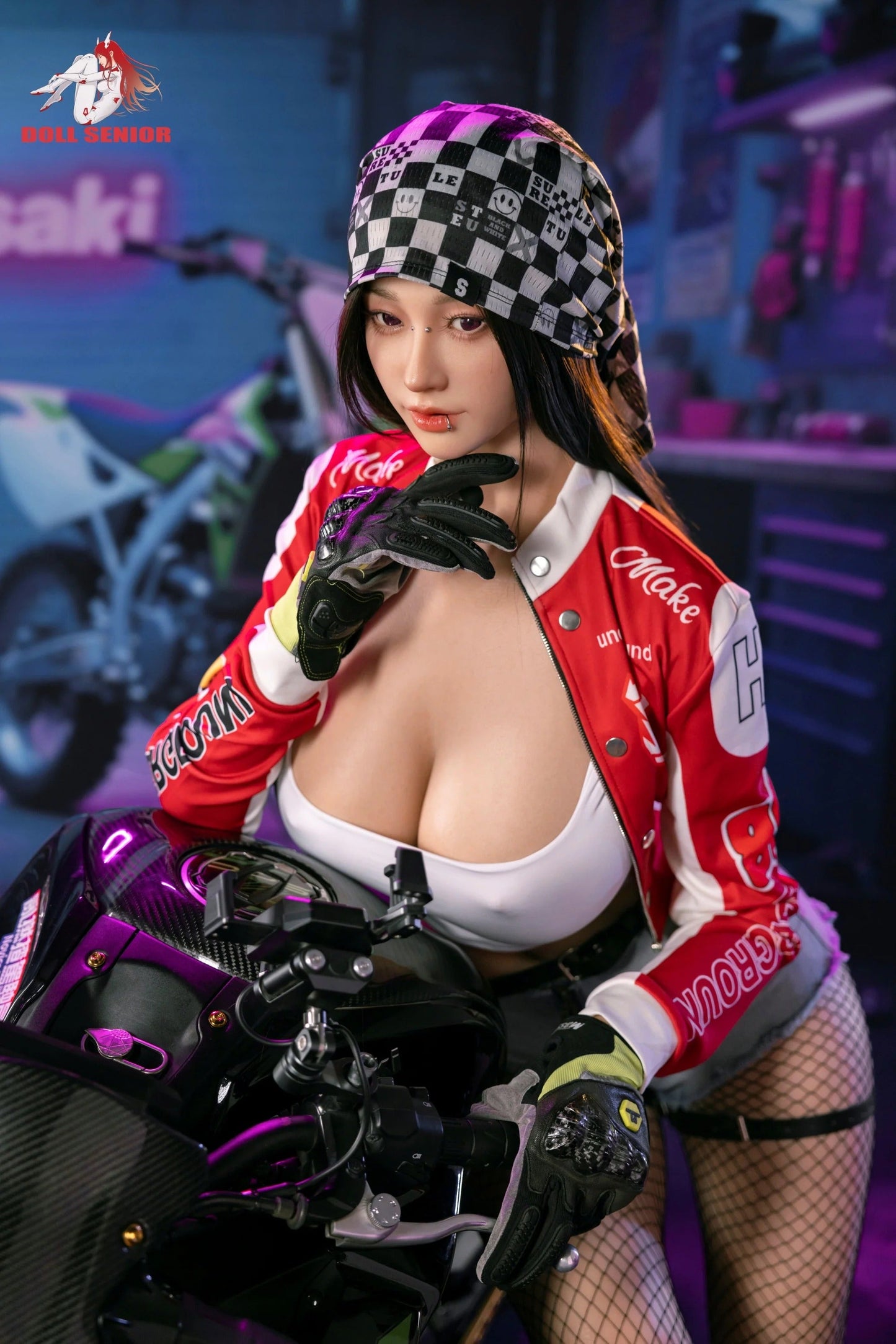 Realistic female doll in red racing jacket, checkered beanie, and fishnet stockings posing on purple motorcycle