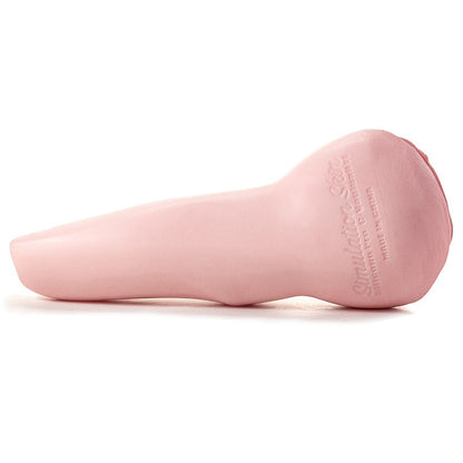 Pink silicone male masturbator with realistic texture and ergonomic shape, featuring embossed branding.