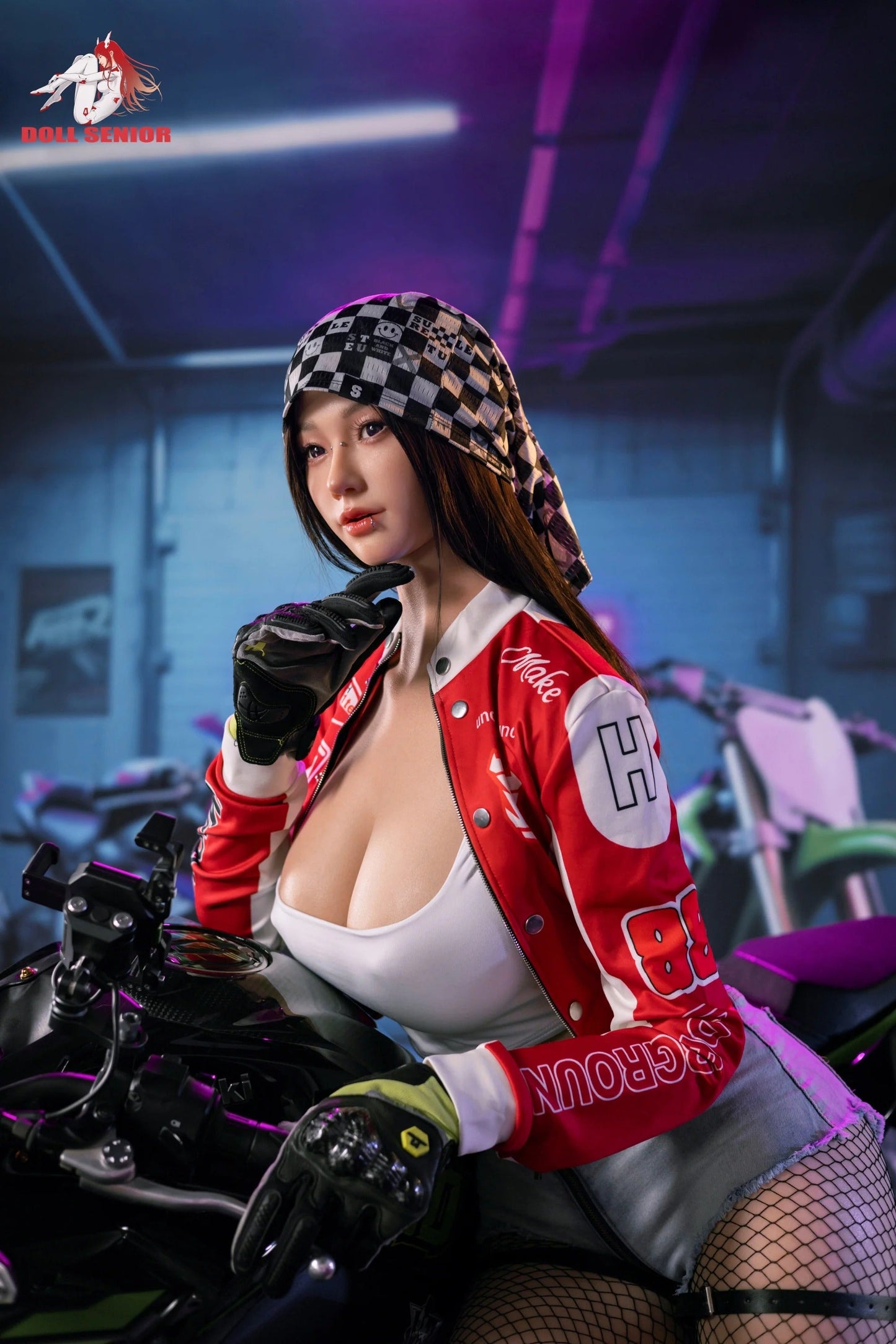 Realistic female doll in red racing jacket, checkered bandana, fishnet stockings, posing on motorcycle under neon lights