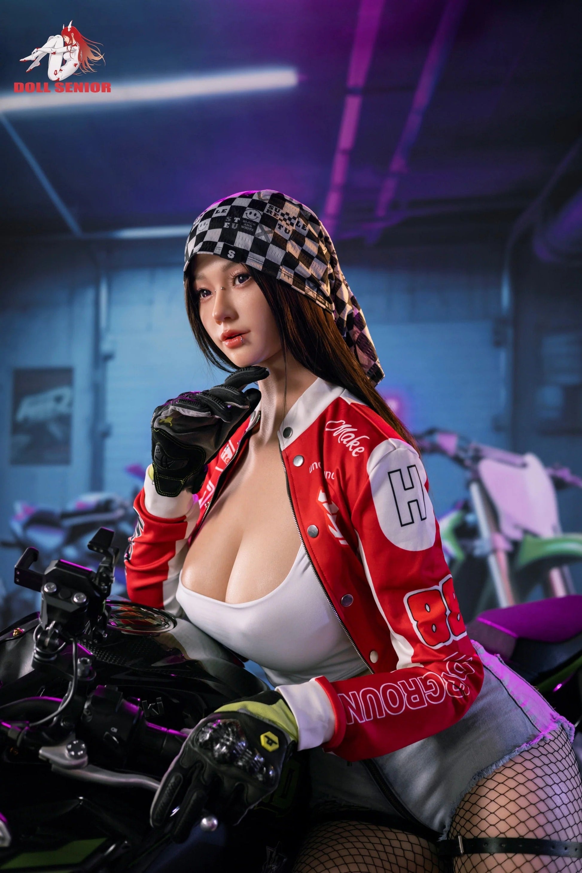 Realistic female doll in red racing jacket, checkered bandana, fishnet stockings, posing on motorcycle under neon lights