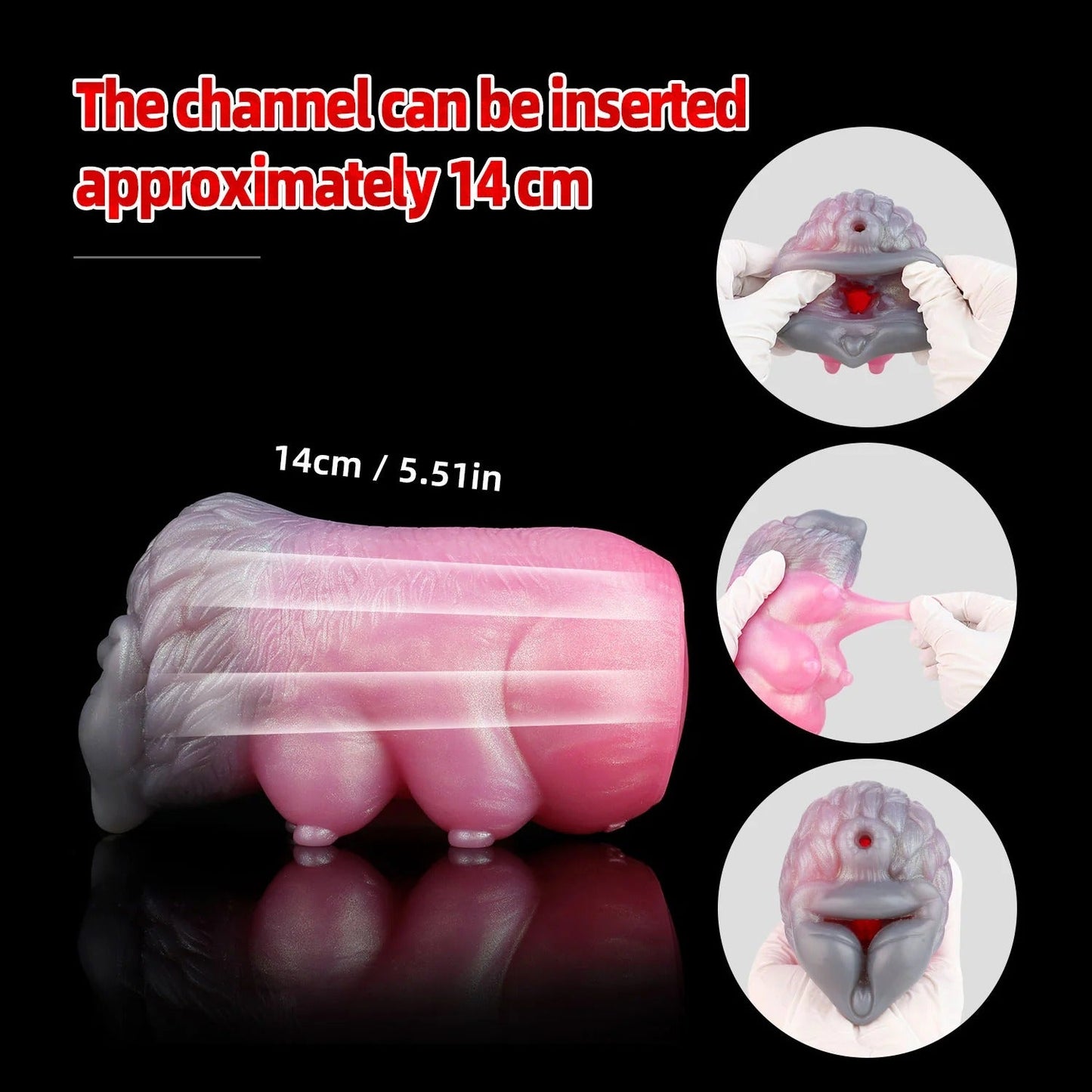 Realistic pink and gray male masturbator with 14cm insertable channel, soft textured material, and detailed anatomical design