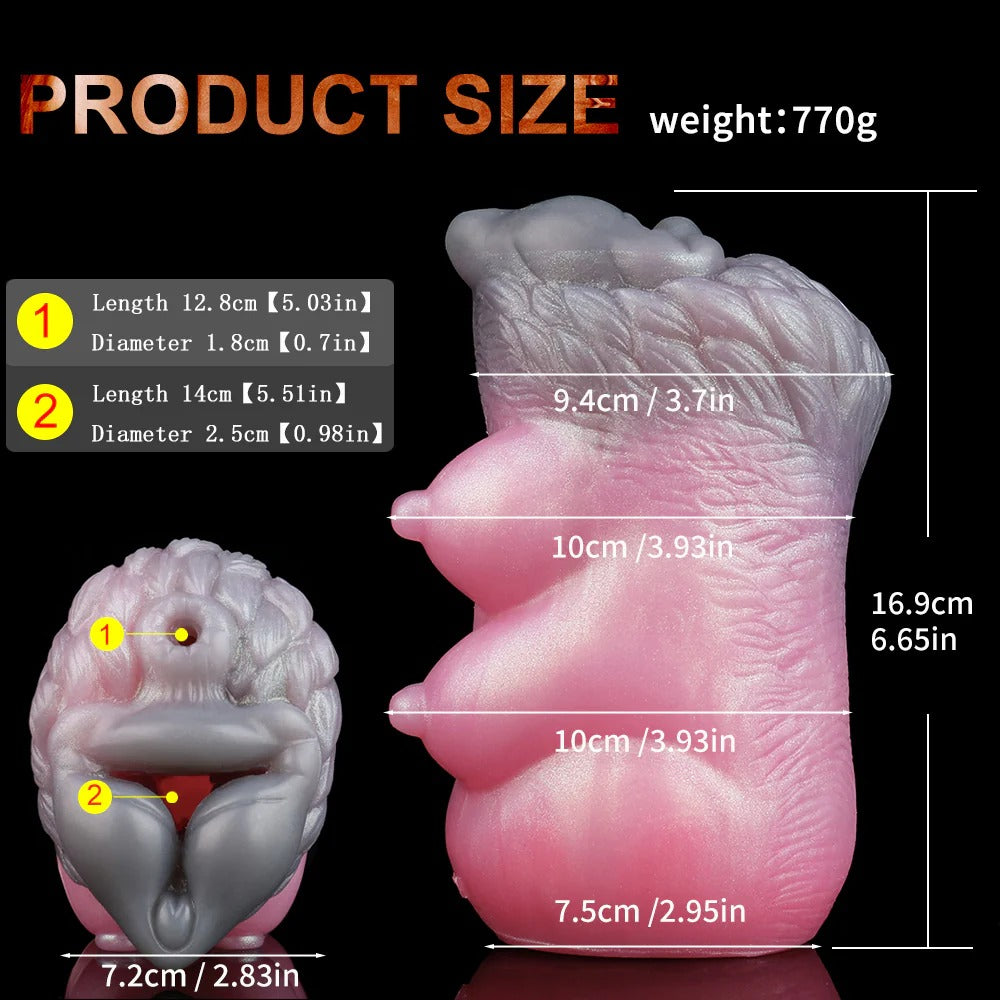 Realistic pink male masturbator with detailed texture, dual openings, and precise size measurements shown