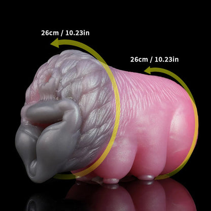 Realistic pink and gray male masturbator with textured surface, 26cm length, detailed anatomical design