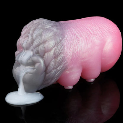 Pink and white realistic male masturbator with textured skin and fluid release, designed for intimate pleasure.