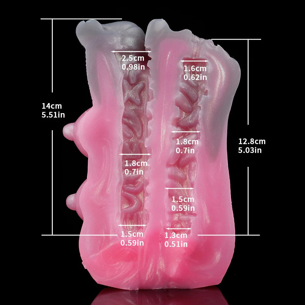 Pink silicone male masturbator with textured internal ridges and detailed measurements shown