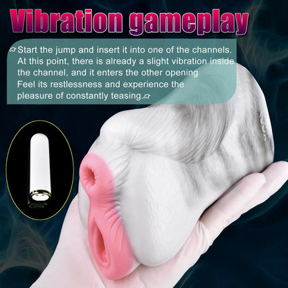Realistic dual-channel male masturbator with textured skin, pink labia, and vibration feature for teasing pleasure