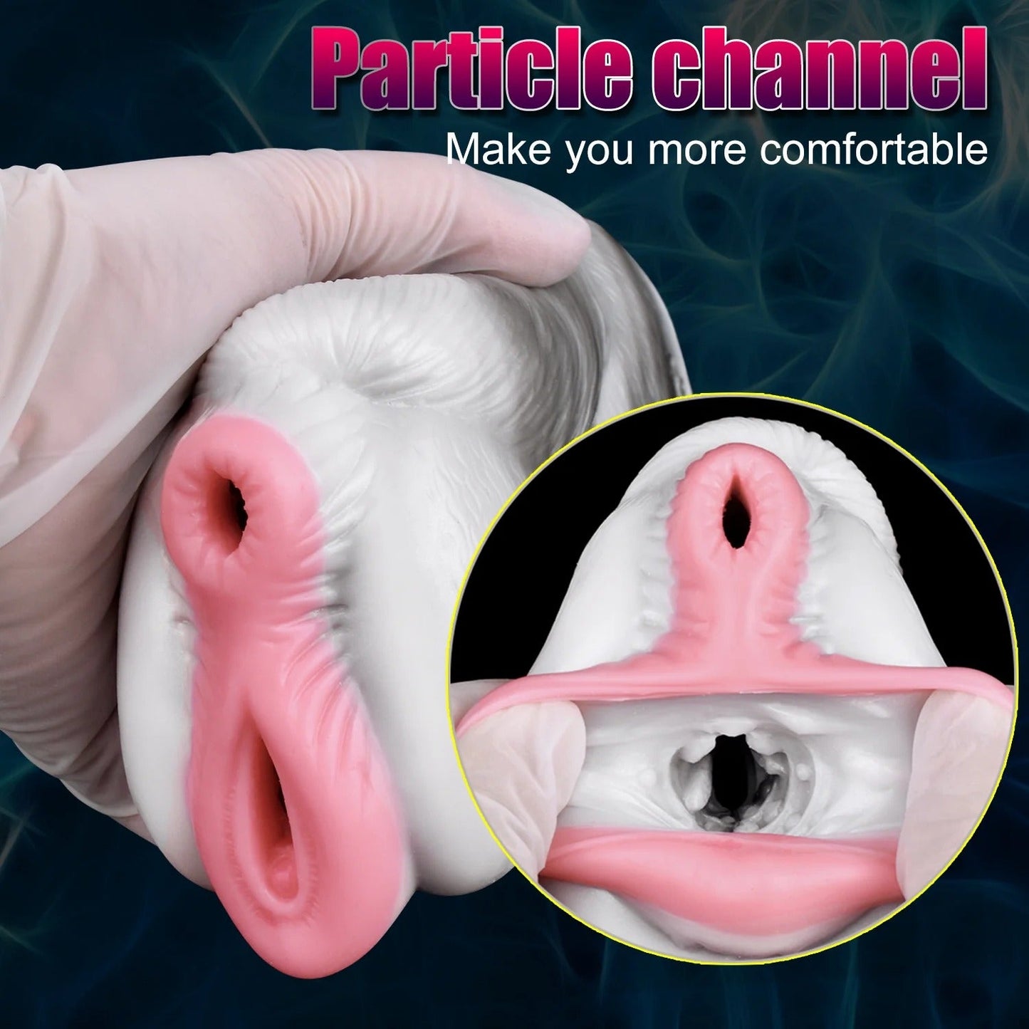 Realistic pink and white male masturbator with textured inner canal and particle channel design