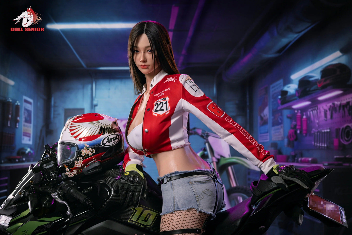 Realistic female doll in red racing jacket and denim shorts, posed on motorcycle in neon-lit garage