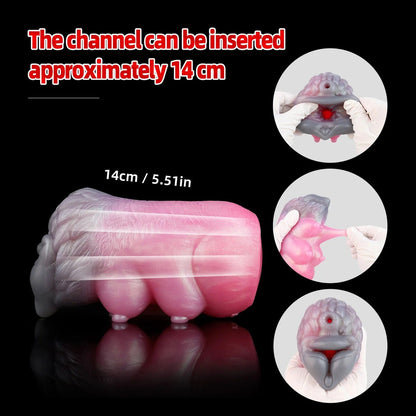 Realistic pink silicone male masturbator with 14cm insertable channel, textured interior, and stretchable material