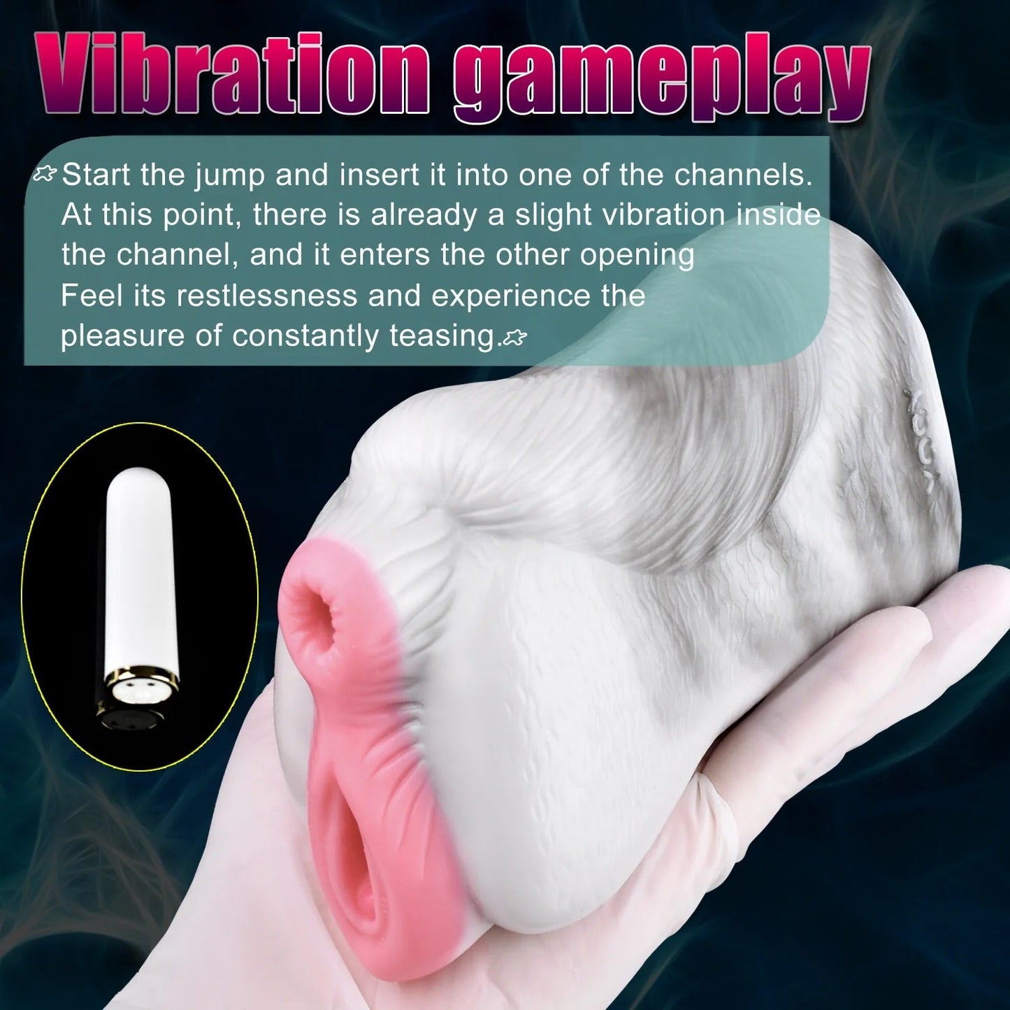 Realistic flesh-toned male masturbator with pink vaginal opening, textured surface, and insertable vibration unit