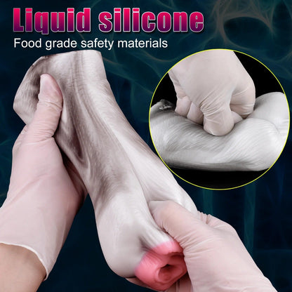 Soft liquid silicone male masturbator with realistic texture and pink interior, shown stretched by gloved hands