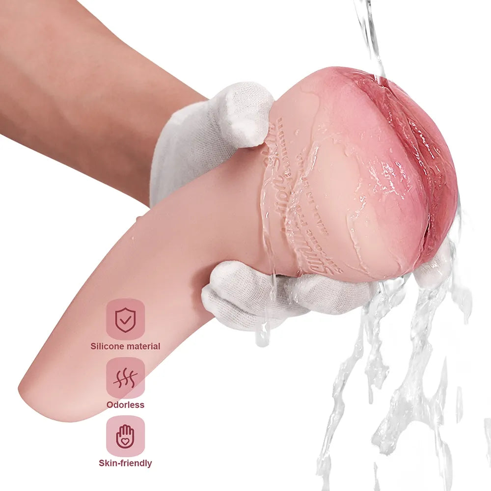 Realistic silicone male masturbator with pink textured interior, being rinsed under water, skin-friendly and odorless