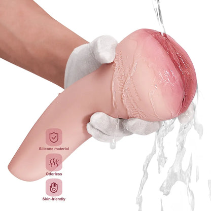 Realistic silicone male masturbator with pink textured interior, being rinsed under water, skin-friendly and odorless