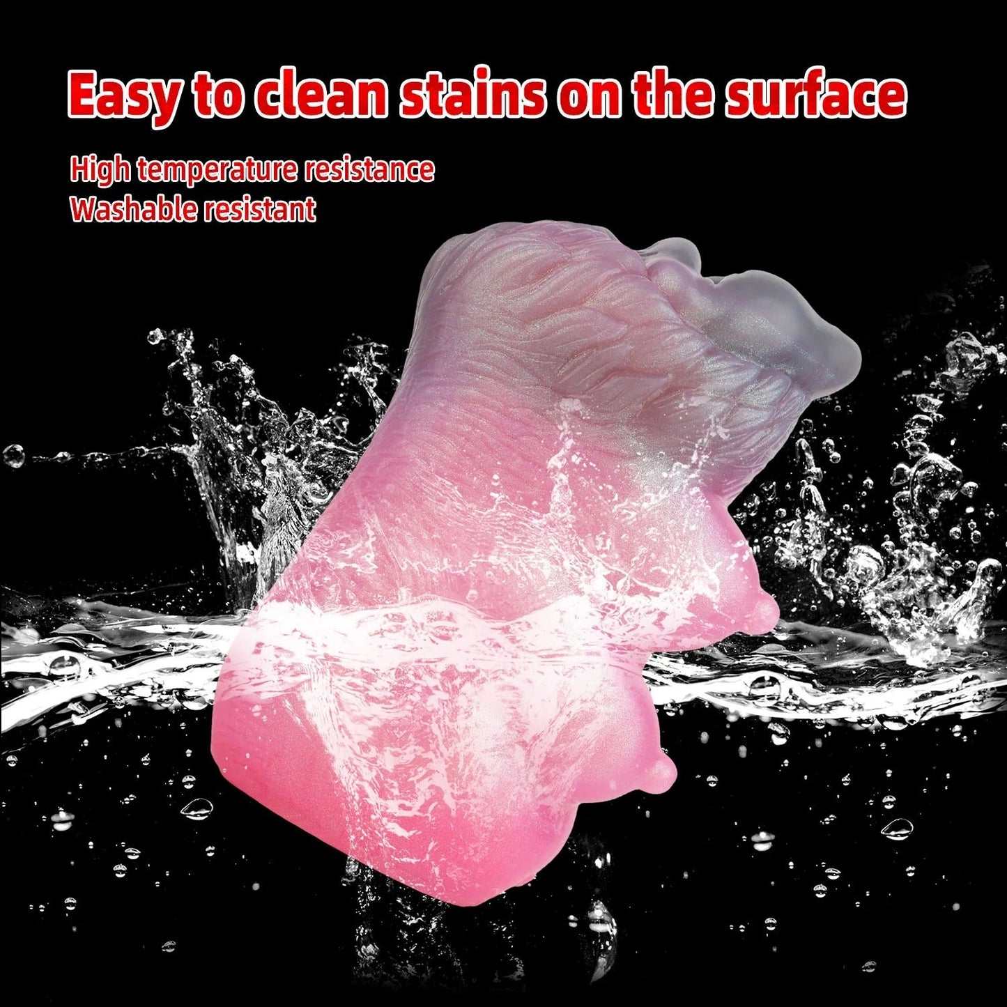 Pink realistic textured male masturbator with washable surface, shown splashing in water for easy cleaning