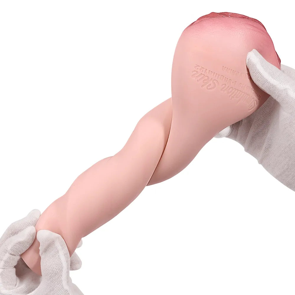 Soft pink realistic male masturbator with textured inner canal, held by gloved hands showing flexibility and detail