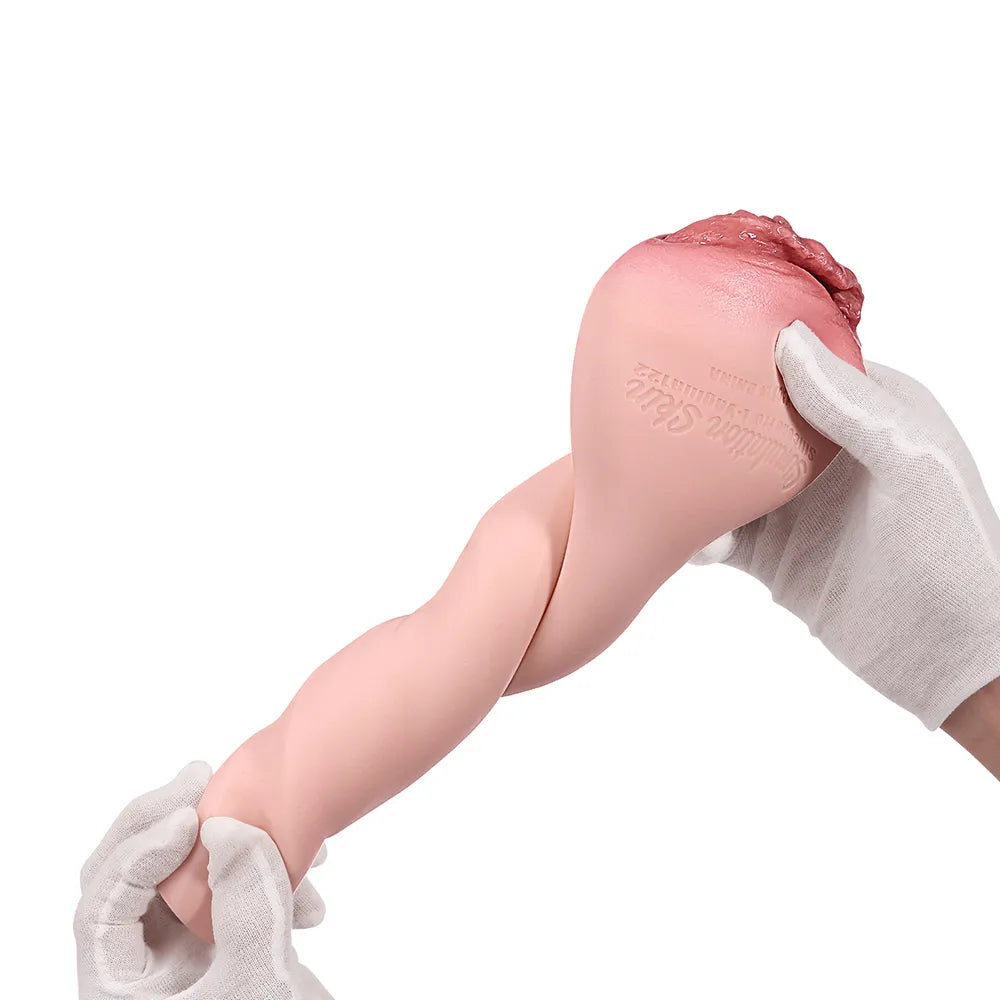 Realistic silicone male masturbator with textured interior and natural skin tone, held by gloved hands