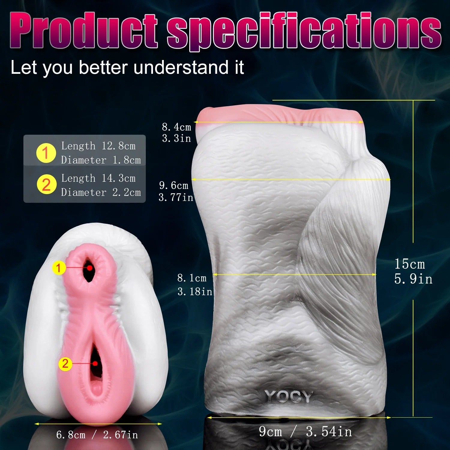 Realistic male masturbator with dual openings, textured white exterior, pink inner lining, and detailed measurements shown