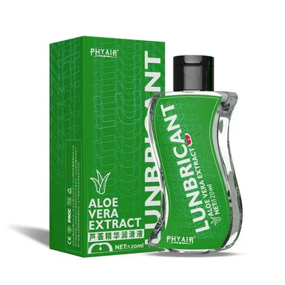 Clear bottle with green label featuring aloe vera extract, 120ml lubricant, beside matching green box packaging
