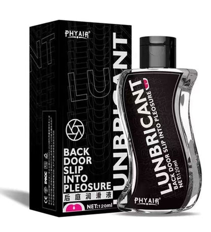 Clear bottle of PH YAIR lubricant with black label, 'Back Door Slip Into Pleasure', 120ml, beside matching box