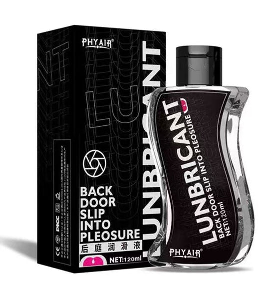 Clear bottle of PH YAIR lubricant with black label, 'Back Door Slip Into Pleasure', 120ml, beside matching box