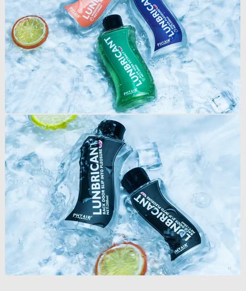 Green and black LUNBRICANT bottles with citrus slices in icy water, featuring smooth texture and bold labeling.