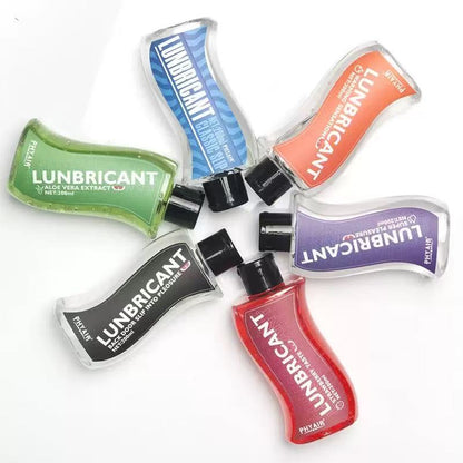 Five colorful LUNBRICANT bottles with unique flavors and textures, designed for enhanced pleasure and smooth glide.