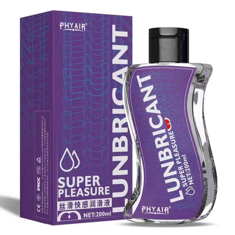 Purple PHYAIR Super Pleasure lubricant bottle and box, 200ml, clear curved glass with black cap