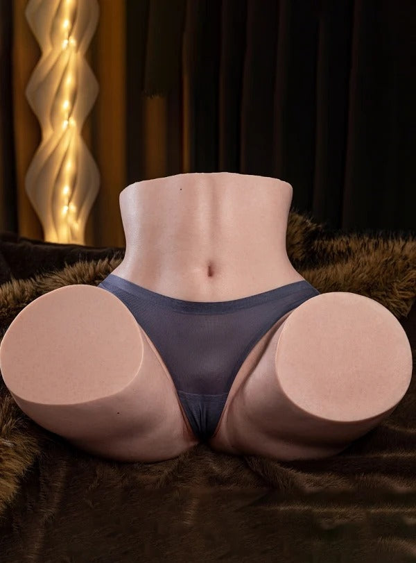 Realistic female torso with plush thighs and dark underwear, soft skin texture on faux fur