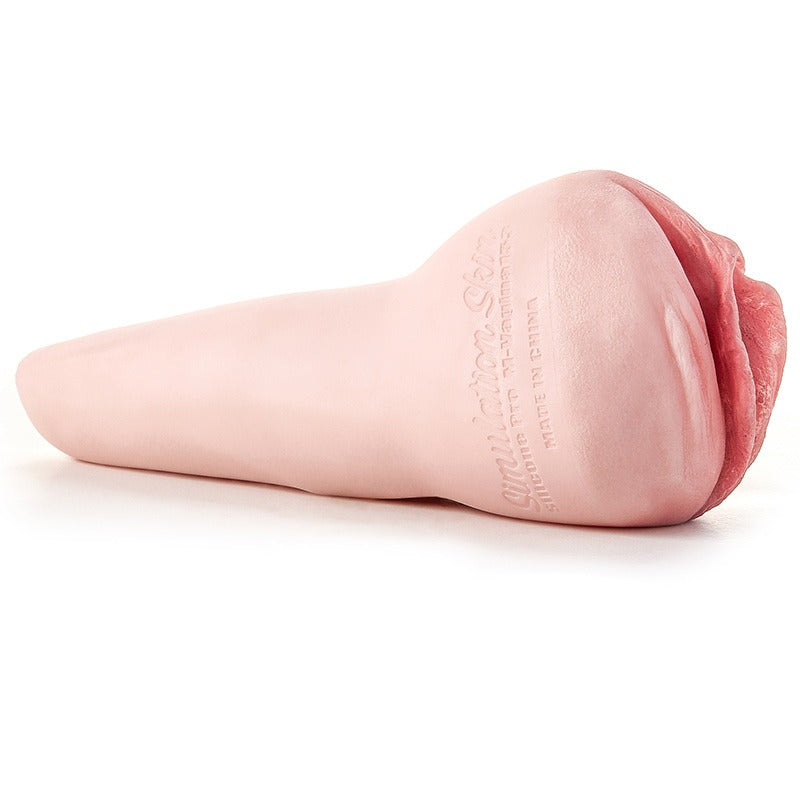 Realistic pink male masturbator with textured inner canal and soft silicone exterior, designed for lifelike sensation.